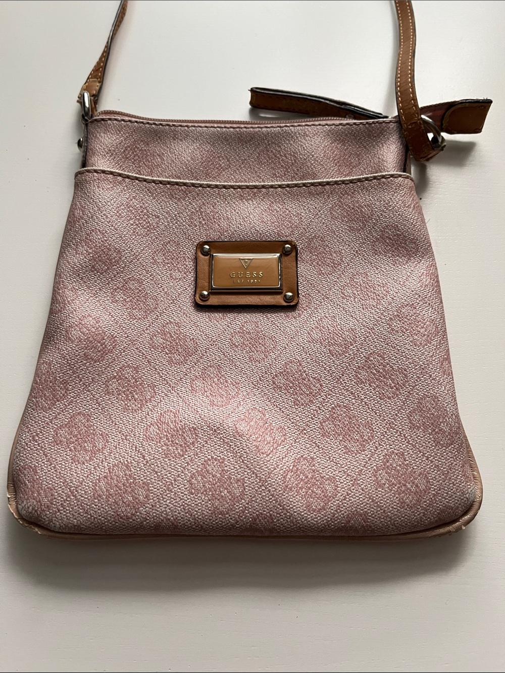 GUESS Blush Pink Crossbody Bag with Tan Strap